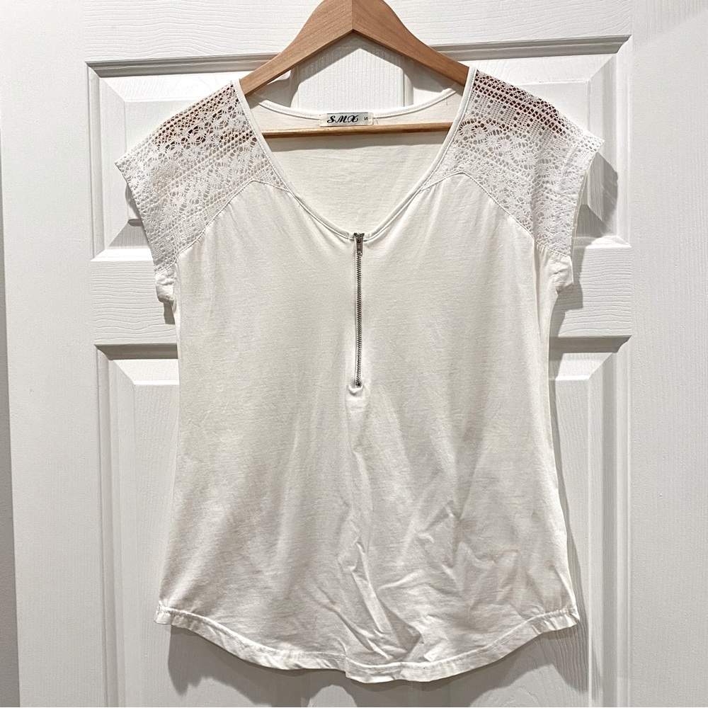 S / M White casual top zippered work blouse